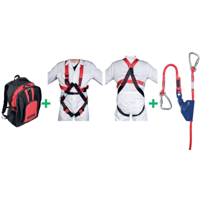 Harness ERGO, Grip 12 and 15 meter lanyard in backpack