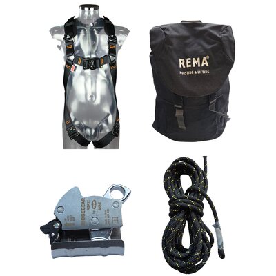 Auffanggurt Re-line, Kernmantelseil KPL 20 m, mitlaufende Auffangklemme KRG11 im Rucksack Re-line