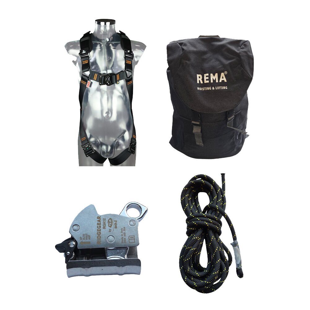 Auffanggurt Re-line, Kernmantelseil KPL 20 m, mitlaufende Auffangklemme KRG11 im Rucksack Re-line