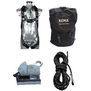 Auffanggurt Re-line, Kernmantelseil KPL 20 m, mitlaufende Auffangklemme KRG11 im Rucksack Re-line