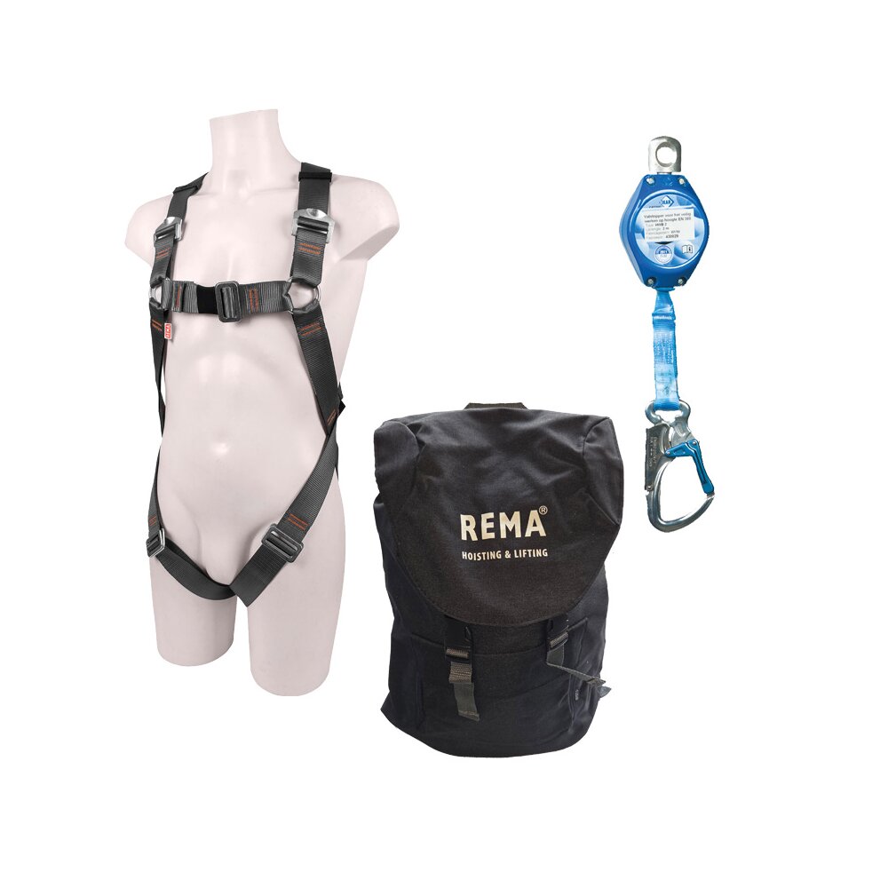 Auffanggurt Re-line, Höhensicherungsgerät HWB mini mit interner Falldämpfung im Rucksack Re-line