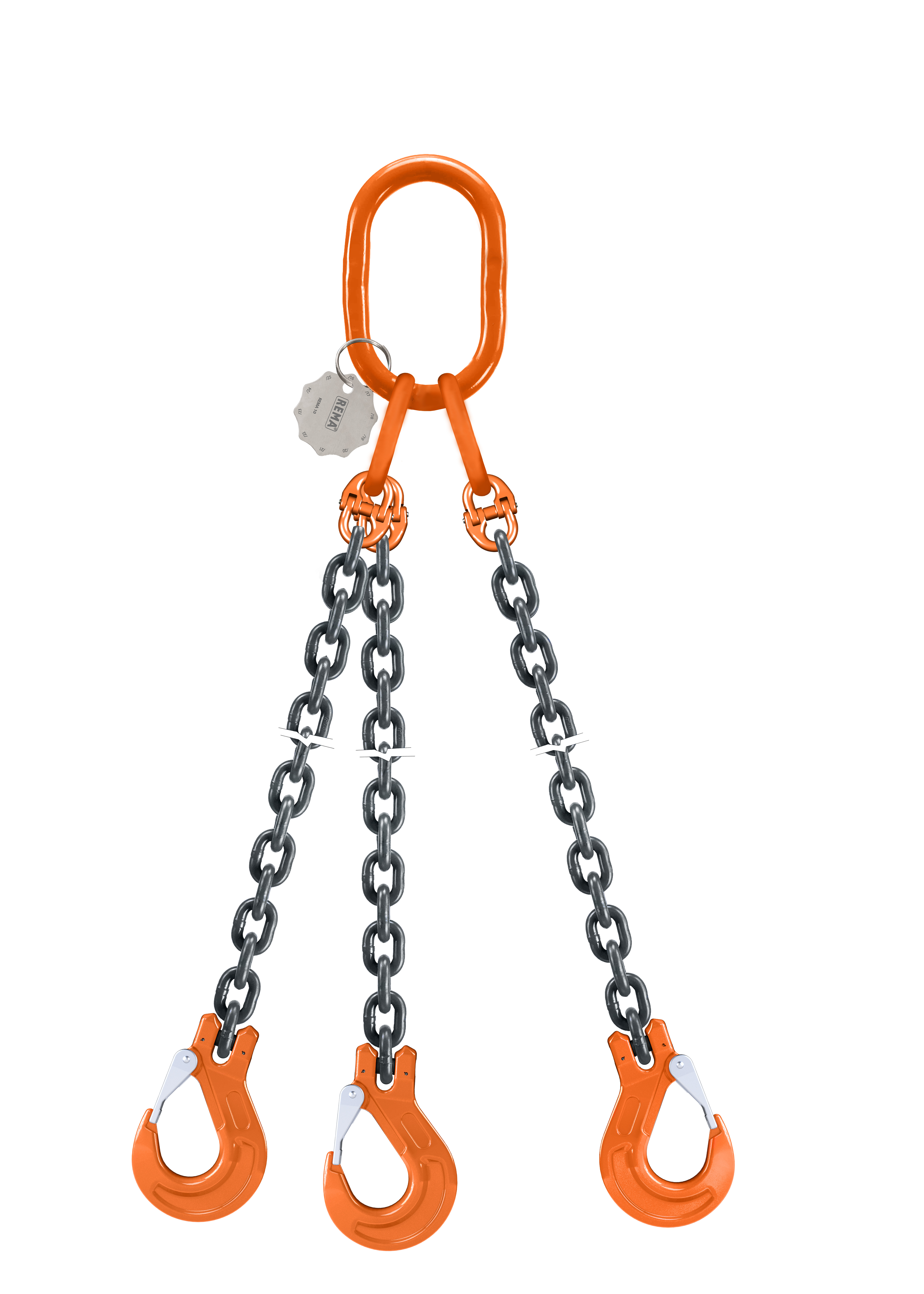 Three Leg Slings: Used for larger, bulkier loads that require multiple lift points for stability. Three Leg Slings: Used for larger, bulkier loads that require multiple lift points for stability.