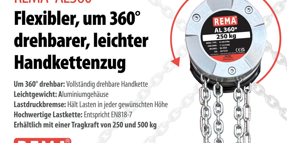 REMA AL360 - Aluminium-Handkettenzug, mit um 360° drehbarer Bedienungskette.