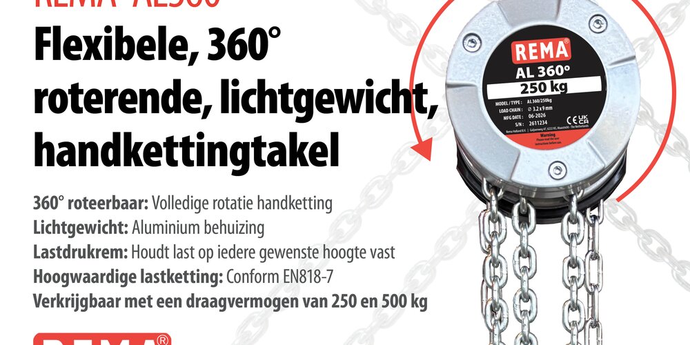 REMA AL360 handkettingtakel; Aluminium handkettingtakel met 360° roterende bedieningsketting