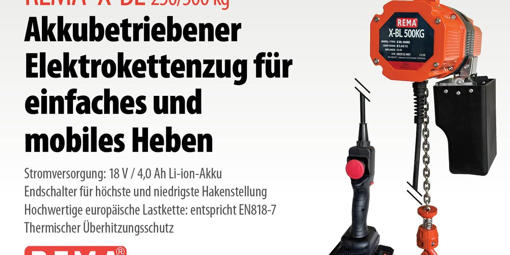 NEU: REMA X-BL, Akkubetriebener Elektrokettenzug für einfaches und mobiles Heben