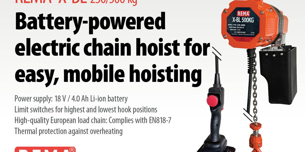 𝗥𝗘𝗠𝗔 𝗫-𝗕𝗟 250/500 kg 𝗕𝗮𝘁𝘁𝗲𝗿𝘆-𝗽𝗼𝘄𝗲𝗿𝗲𝗱 𝗲𝗹𝗲𝗰𝘁𝗿𝗶𝗰 𝗰𝗵𝗮𝗶𝗻 𝗵𝗼𝗶𝘀𝘁 𝗳𝗼𝗿 𝗲𝗮𝘀𝘆, 𝗺𝗼𝗯𝗶𝗹𝗲 𝗵𝗼𝗶𝘀𝘁𝗶𝗻𝗴