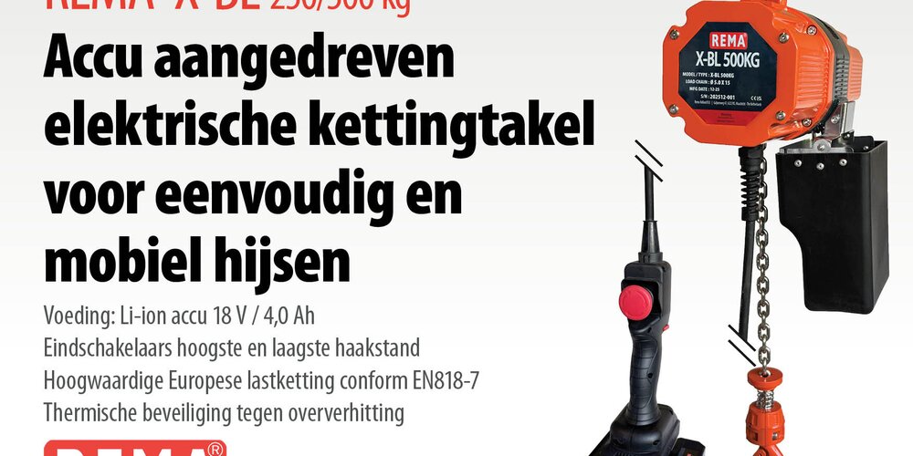 NIEUW! REMA X-BL: Accu aangedreven elektrische kettingtakel voor eenvoudig en mobiel hijsen